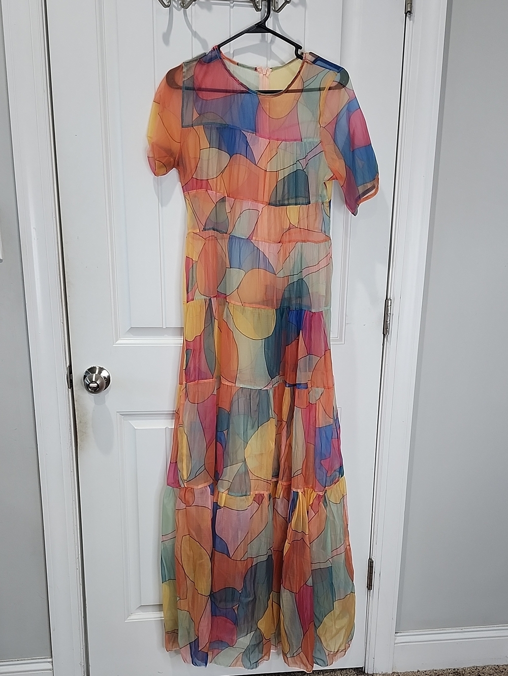 Multicolor Abstract Print Tiered Maxi Dress - Sheer Short Sleeve